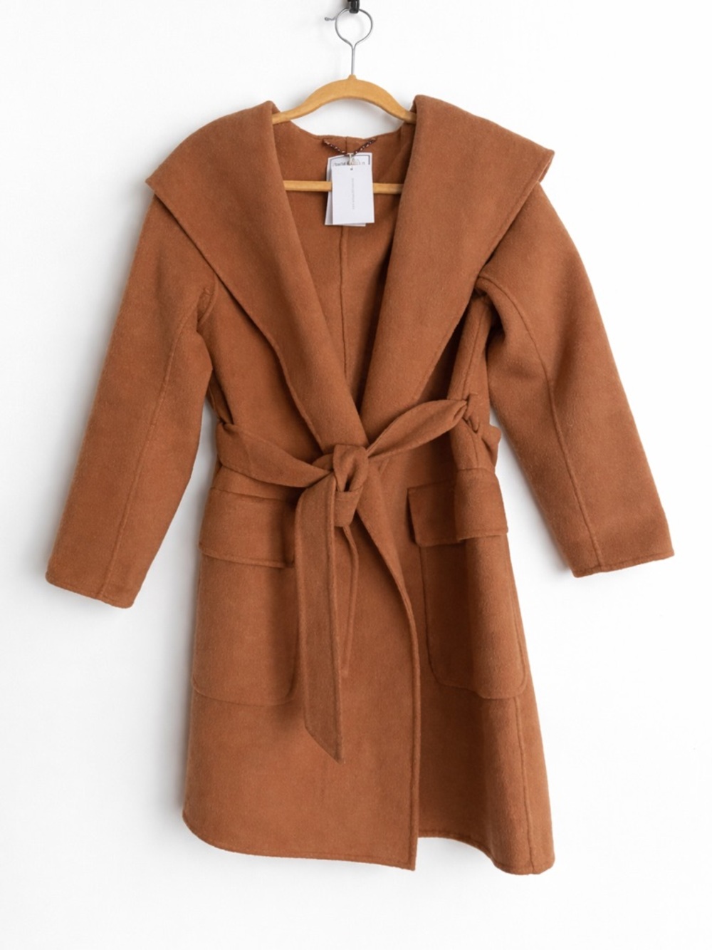 Belle & Bloom Brown Wool Blend Coat Tie Waist Minimalist Casual Size Small